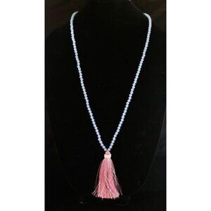 J Crew Blue Beaded Tassel Pendant Necklace With Pink & Blue Thread Detail 19 In